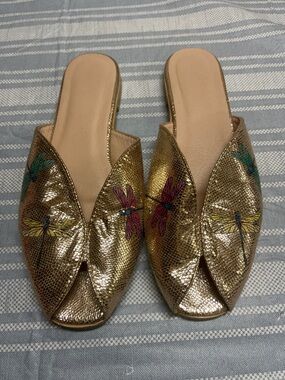Gold Embroidered Dragonfly Slip-On Mules